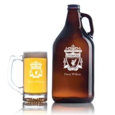 Engraved Liverpool Football Club - Personalized Amber Growler with Cap - Includes Beer Glass