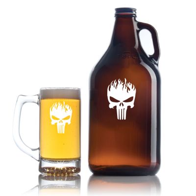 Engraved Punisher with Flames - Personalized Amber Growler with Cap - Includes Beer Glass