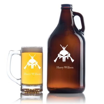 Engraved Punisher with Rifles - Personalized Amber Growler with Cap - Includes Beer Glass