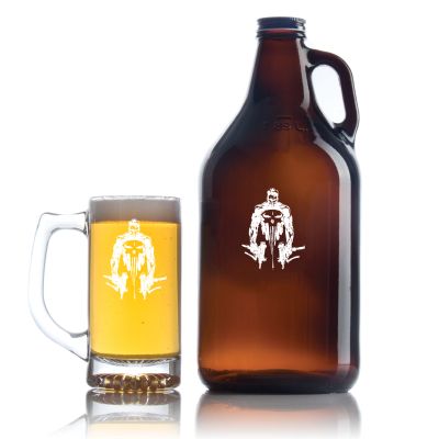 Engraved Punisher Sketch - Personalized Amber Growler with Cap - Includes Beer Glass
