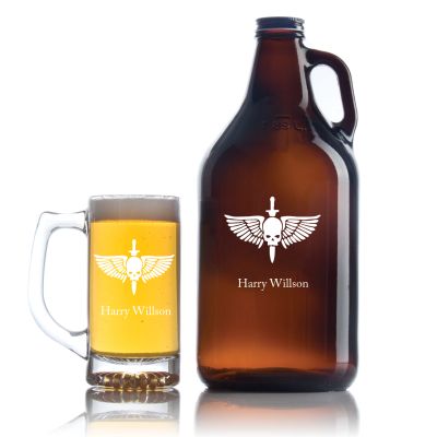Engraved Wing Skull Dagger - Personalized Amber Growler with Cap - Includes Beer Glass