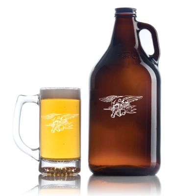 Engraved Navy SEALS - Personalized Amber Growler with Cap - Includes Beer Glass