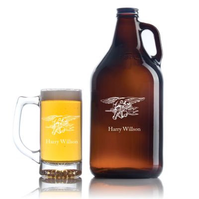 Engraved Navy SEALS - Personalized Amber Growler with Cap - Includes Beer Glass