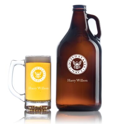 Engraved NAVY - Personalized Amber Growler with Cap - Includes Beer Glass