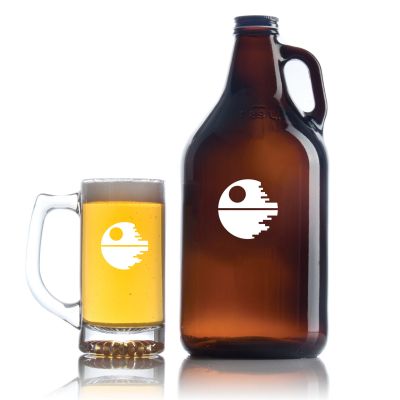 Engraved Death Star - Personalized Amber Growler with Cap - Includes Beer Glass