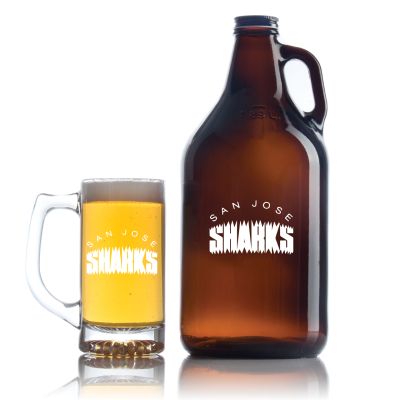 Engraved San Jose Sharks - Personalized Amber Growler with Cap - Includes Beer Glass