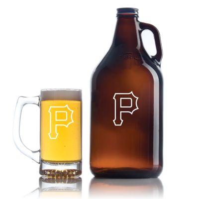 Engraved Pirates Vintage P - Personalized Amber Growler with Cap - Includes Beer Glass