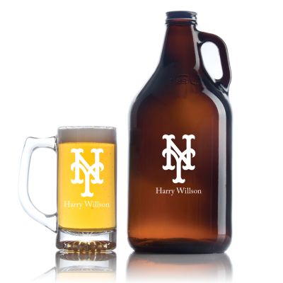 Engraved NY Mets - Personalized Amber Growler with Cap - Includes Beer Glass