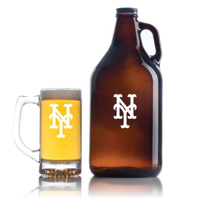 Engraved NY Mets - Personalized Amber Growler with Cap - Includes Beer Glass
