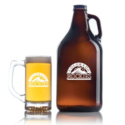 Engraved Rockies - Personalized Amber Growler with Cap - Includes Beer Glass