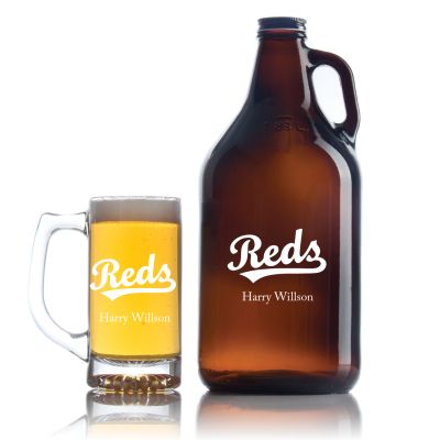 Engraved Reds - Personalized Amber Growler with Cap - Includes Beer Glass