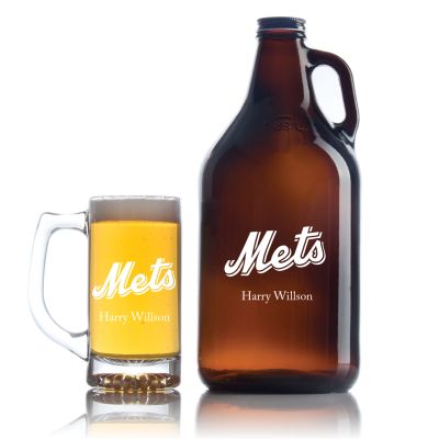 Engraved Mets Logo - Personalized Amber Growler with Cap - Includes Beer Glass