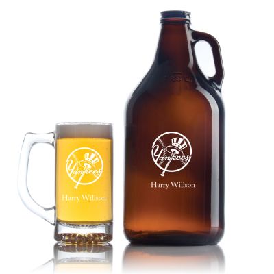 Engraved Yankees - Personalized Amber Growler with Cap - Includes Beer Glass