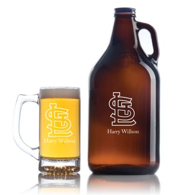 Engraved St Louis Cardinals - Personalized Amber Growler with Cap - Includes Beer Glass