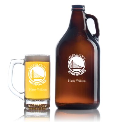 Engraved Golden State Warriors Basketball - Personalized Amber Growler with Cap - Includes Beer Glass