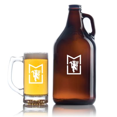 Engraved Manchester United MU Logo - Personalized Amber Growler with Cap - Includes Beer Glass