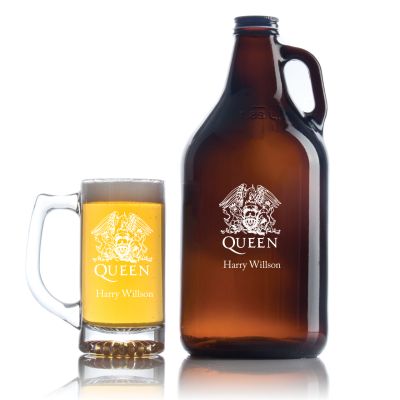 Engraved Queen - Personalized Amber Growler with Cap - Includes Beer Glass
