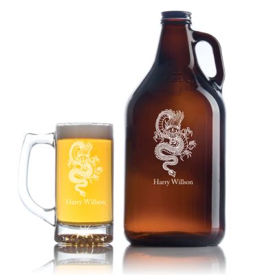 Engraved Dragon - Personalized Amber Growler with Cap - Includes Beer Glass
