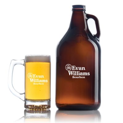 Engraved Evan Williams Bourbon - Personalized Amber Growler with Cap - Includes Beer Glass