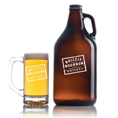 Engraved Bulleit Bourbon - Personalized Amber Growler with Cap - Includes Beer Glass