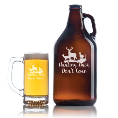 Engraved Hunting Hair I Don't Care - Personalized Growler Set with Beer Glass