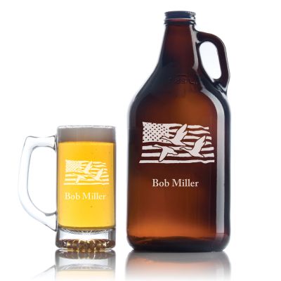 Engraved Goose with USA Flag - Personalized Growler Set with Beer Glass