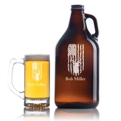 Engraved USA Flag with Dear - Personalized Growler Set with Beer Glass