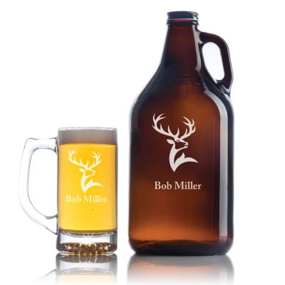 Engraved Elk Head - Personalized Growler Set with Beer Glass