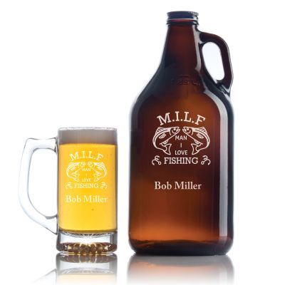 Engraved MILF Man I Love Fishing - Personalized Growler Set with Beer Glass