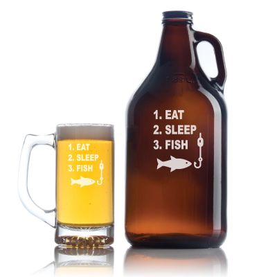 Engraved Eat Sleep Fish - Personalized Growler Set with Beer Glass