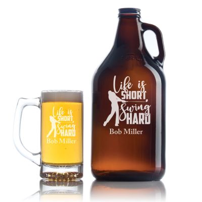 Engraved Life is Short Swing Hard - Personalized Growler Set with Beer Glass