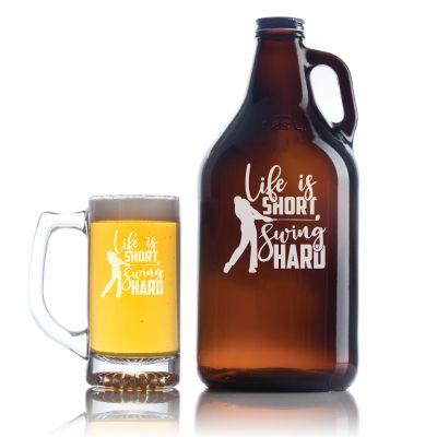 Engraved Life is Short Swing Hard - Personalized Growler Set with Beer Glass