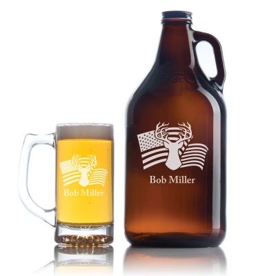 Engraved Deer with USA Flag - Personalized Growler Set with Beer Glass