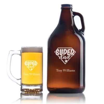 Engraved Super Hero Dad  - Personalized Growler Set with Beer Glass