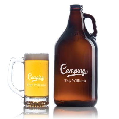 Engraved Fancy Font Camping - Personalized Growler Set with Beer Glass