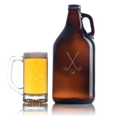 Custom Engraved Golf Clubs and Ball - Personalized Growler Set with Beer Glass