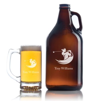 Custom Engraved Golfer Swing - Personalized Growler Set with Beer Glass