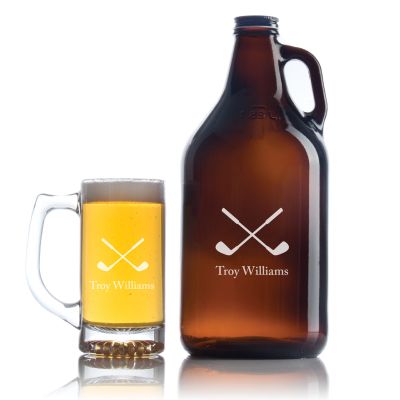 Custom Engraved Golfing Clubs Forming Cross Bones - Personalized Growler Set with Beer Glass