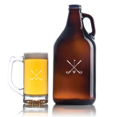 Custom Engraved Golf Clubs Flag and Ball - Personalized Growler Set with Beer Glass