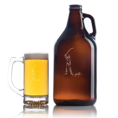 Custom Engraved Golfer Swing Line Drawing - Personalized Growler Set with Beer Glass