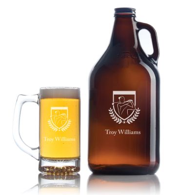 Custom Engraved Golfer Fancy Emblem - Personalized Growler Set with Beer Glass