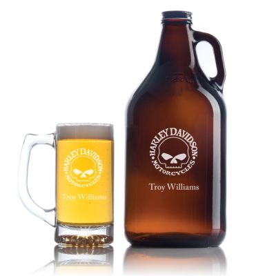 Custom Engraved Harley Davidson Motorcycles - Personalized Growler Set with Beer Glass