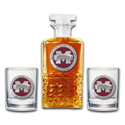 Mississippi State University "M" Logo- Heritage Decanter with 2 Old Fashioned Glasses