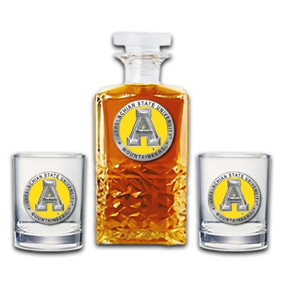 Appalachian State Mountaineers  - Heritage Decanter with 2 Old Fashioned Glasses - Yellow Medallion