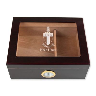 Personalized Cigar Humidor - Engraved Alpha Tau Omega Coat of Arms