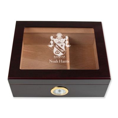 Personalized Cigar Humidor - Engraved Sigma Nu Coat of Arms