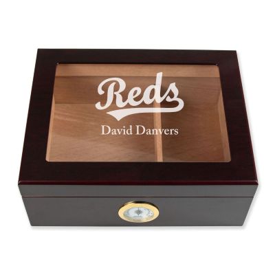 Personalized Cigar Humidor - Engraved Reds Baseball Team Logo Design