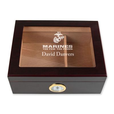 Personalized Cigar Humidor - Engraved US Marines Logo Design - Man Cave Gift Ideas - Gifts For Him