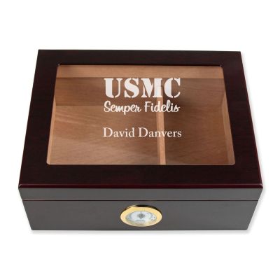 Personalized Cigar Humidor - Engraved USMC Semper Fidelis Logo Design - Man Cave Gift Ideas - Gifts For Him