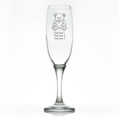 Custom Personalized Champagne Flutes - Teddy Bear Holding Heart - Promotional Champagne Flutes In Bulk